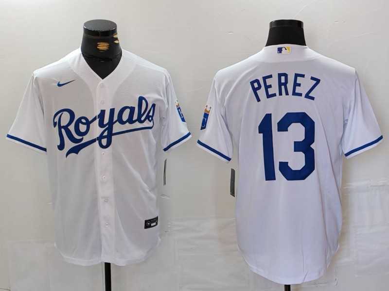 Men%27s Kansas City Royals #13 Salvador Perez White Cool Base Stitched Jersey